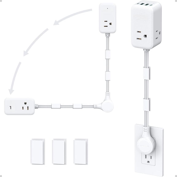 Electrical Outlet Extender 360? Rotating Plug with 20W C, 18in Short Extension Cord, Wall Plug With 3 AC Outlets, Access Hard-to-Reach Outlets Use Behind Couches, Desk, White
