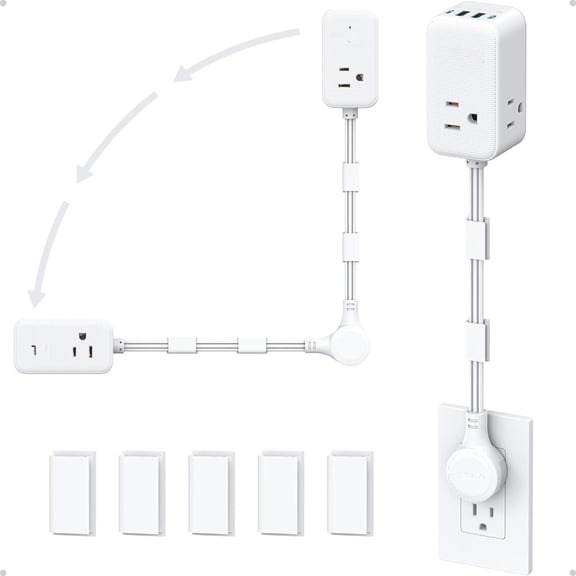 Electrical Outlet Extender 360? Rotating Plug with 20W C, 36in Short Extension Cord, Wall Plug with 3 AC Outlets, Access Hard-to-Reach Outlets Use Behind Couches, Desk, White