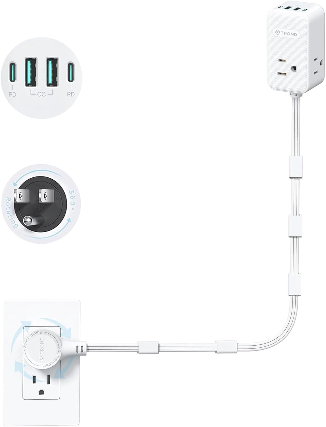 Electrical Outlet Extender 360° Rotating Plug with 20W USB C, 36in Short Extension Cord, Wall Plug Adapter with 3 AC Outlets, Access Hard-to-Reach Outlets Use Behind Couches, Desk, White