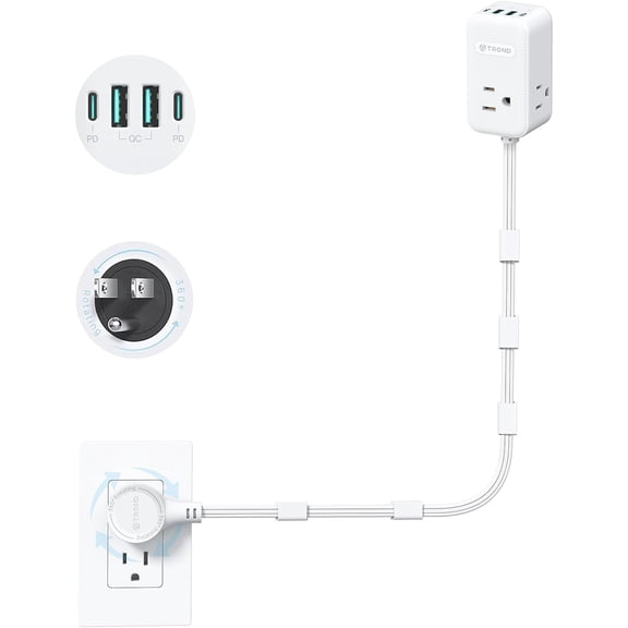 Electrical Outlet Extender 360 Rotating Plug with 20W USB C, 36in Short Extension Cord, Wall Plug Adapter with 3 AC Outlets, Access Hard-to-Reach Outlets Use Behind Couches, Desk, White