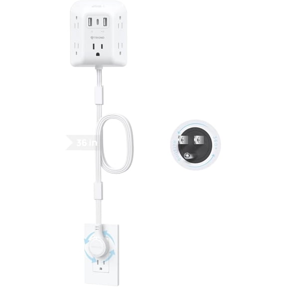 Electrical Outlet Extender with 360 Rotating Plug, Featured 2 USB-A & 1 USB-C, Access Hard-to-Reach Multi Plug Wall Adapter, Extended 36IN, Use Behind Couches, Nightstands, Desks