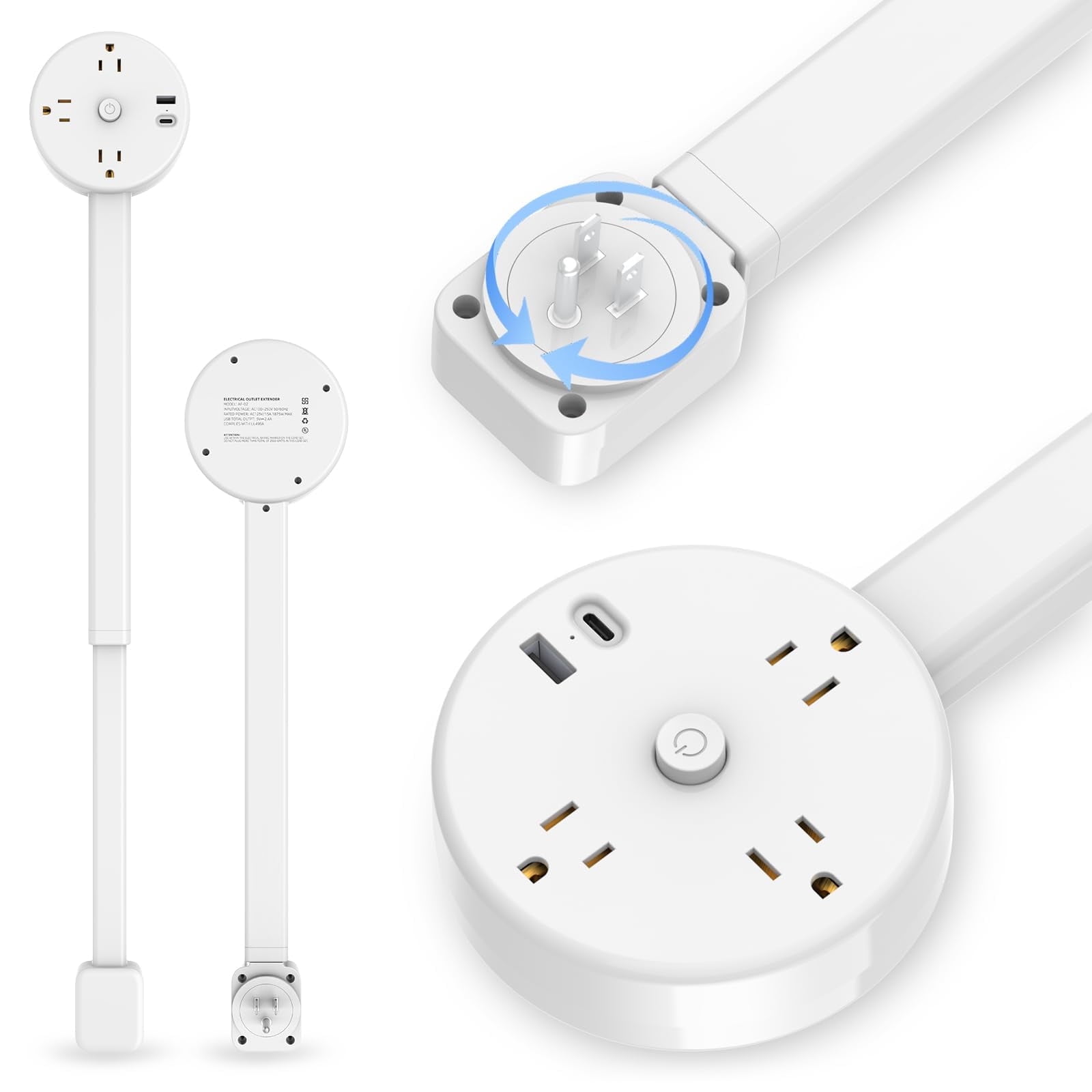 Electrical Outlet Extender Adjustable Power Socket Expander, 1800J Surge Protection, Extends 18.5"-26.5", Rotates 180 °   Features USB-A, USB-C&3 AC Outlets, for Couches, Desks, Nightstands and More