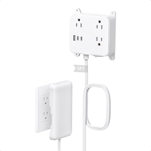 Electrical Outlet Extender with Cover, 3 AC Widely Spaced with 2  C , 5FT Flat Extension Cord, Wall Mount Behind TV,  Under in-Drawer Desk Cabinet Vanity Counter