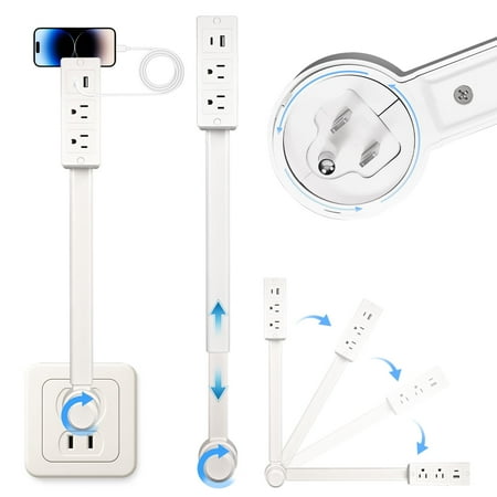 Electrical Outlet Extender Features USB-A, USB-C and 2 AC Electrical Outlet Extender Stick for Hard to Reach Spaces, Extends 22"-27", Rotates 180°, Use Behind Couches, Nightstands, Desks, More