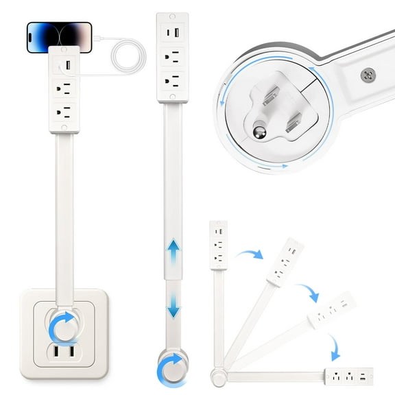 Electrical Outlet Extender Features USB-A, USB-C and 2 AC Electrical Outlet Extender Stick for Hard to Reach Spaces, Extends 22"-27", Rotates 180°, Use Behind Couches, Nightstands, Desks, More