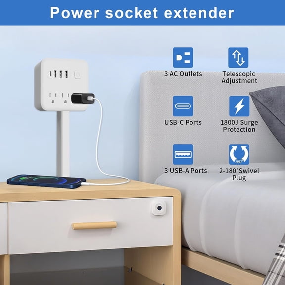Electrical Outlet Extender Stick, 18"-28" Extendable Power Strip with 180 Rotating Plug, 2 USB-A, 1 USB-C, 3 AC Outlets, Wall Plug Extender for Behind Couch, Sofa, Nightstand