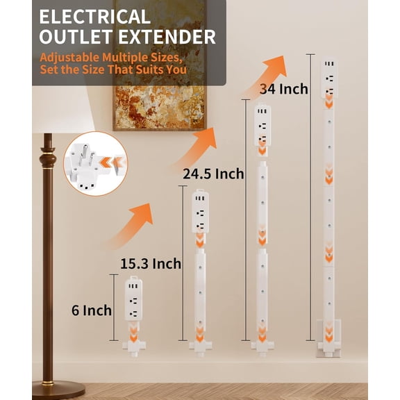 Electrical Outlet Extender Stick - 2 USB-A, 1 USB-C & 2 AC Outlets, Extendable 6", 15.3", 24.5", 34", for Hard to Reach Spaces