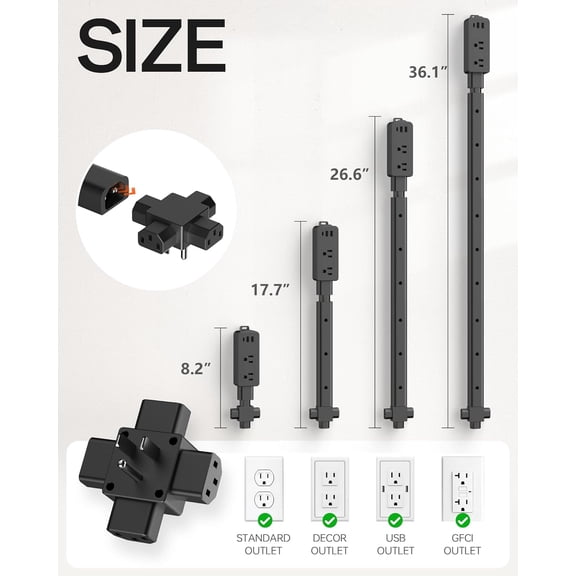 Electrical Outlet Extender Stick Black with 4-Way Flat Plug | Extends 8"-36" | Outlet Extender with 2AC Outlets, 2USB-A & 1USB-C Ports | Socket Expander Access Hard-to-Reach Outlets Bed Sofa Behind