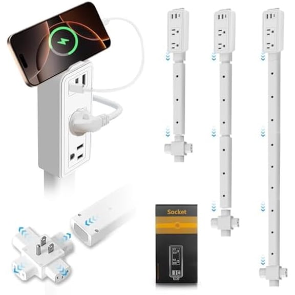 Electrical Outlet Extender Stick Features 2 USB-A, 1 USB-C and 2 AC Outlets,Can Extend in Four Directions,Segmented Extension,Extends 17"/26"/35",Wall Outlets Expander Nightstands, Sofa and More.