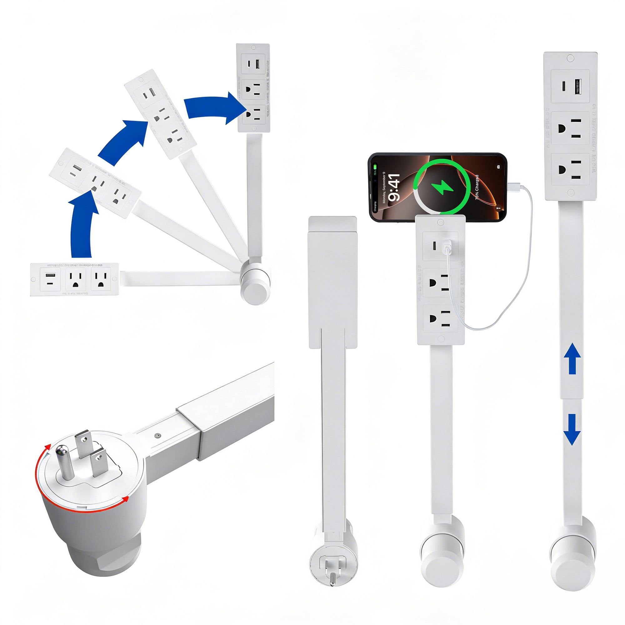 Electrical Outlet Extender Stick with USB-A, USB-C and 2 AC Outlets, Extendable 22-34", 180° Swivel, Pole for Behind Couches