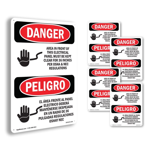 Electrical Panel Keep Clear Bilingual OSHA Danger Aluminum Sign 10 Inch x 7 Inch - 5 Pack