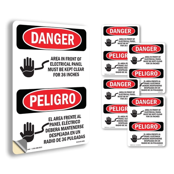 Electrical Panel Keep Clear Bilingual OSHA Danger Vinyl Decal Label 5 Inch x 3.5 Inch - 5 Pack