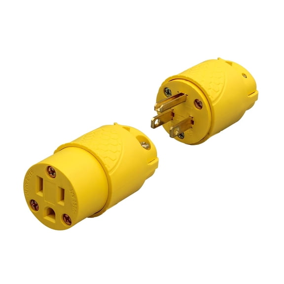Electrical Replacement Plug & Connector Set, Extension Cord Ends Male and Female Yellow Shell, 125V 15A 2Pole NEMA 5-15P & 5-15R, 3-Prong Straight Blade Grounding Type, 1 Set, UL Listed