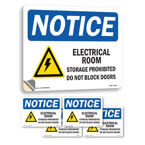 Electrical Room Storage Prohibited With Symbol OSHA Notice Vinyl Decal Label 5 Inch x 3.5 Inch - 5 Pack