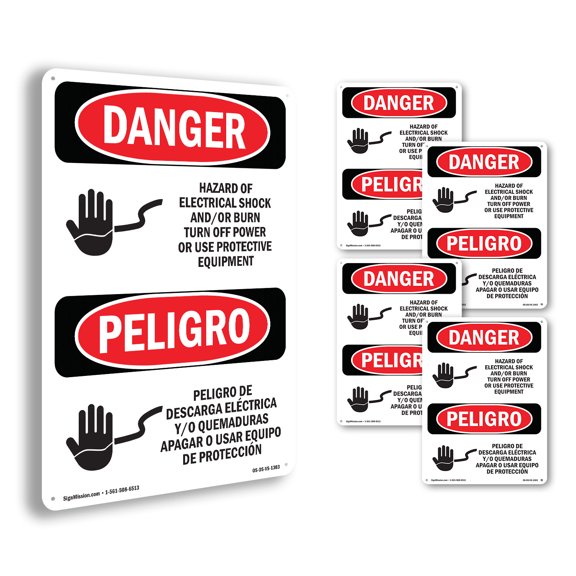 Electrical Shock Burn Off Power Bilingual OSHA Danger Rigid Plastic Sign 14 Inch x 10 Inch - 5 Pack