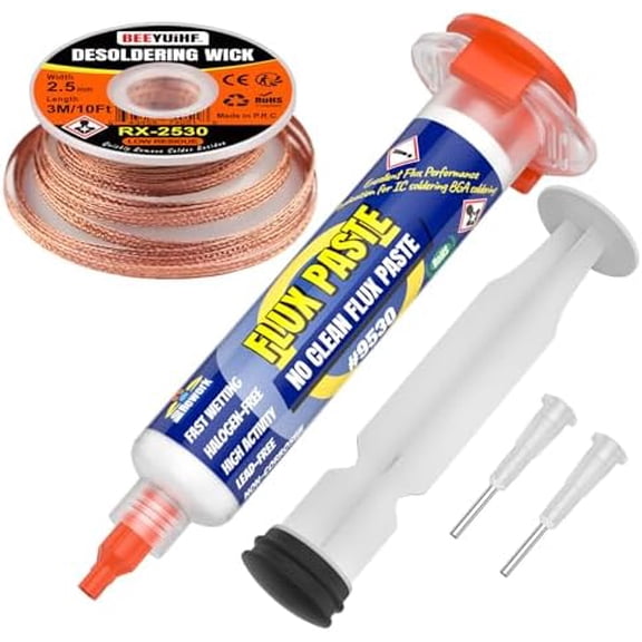 Electrical Soldering Flux Paste (10cc Syringe) with Desoldering wick Braid (3M/10ft 2.5mm) for Electronics Soldering Repairs Remover Kit