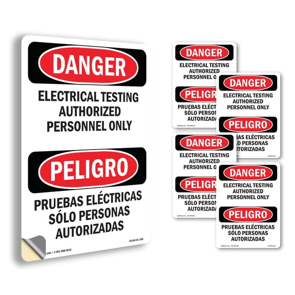 Electrical Testing Bilingual OSHA Danger Vinyl Decal Label 5 Inch x 3.5 Inch - 5 Pack