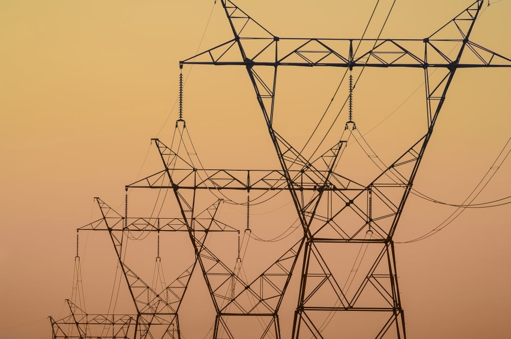 Electrical transmission towers at sunsetOhio united states of america Canvas Art - Tom Patrick Design Pics (19 x 12)