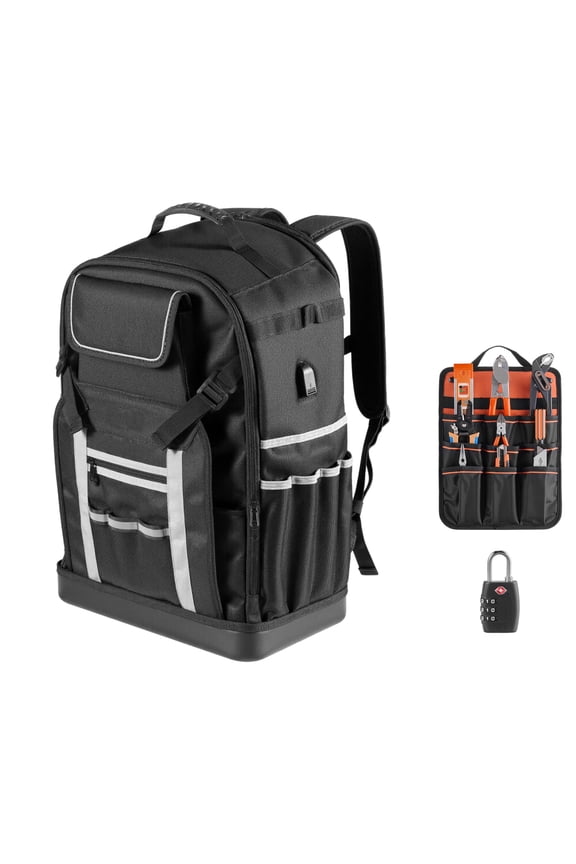 Electrician Tool Backpack, 56 Pockets Splash-Resistant Jobsite Backpack with PVC Base, Black & Grey