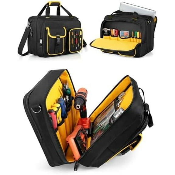 Electrician Tool Bag with Laptop Sleeve, Tool Tote with Multiple Pockets for Technicians, Black$$Tools