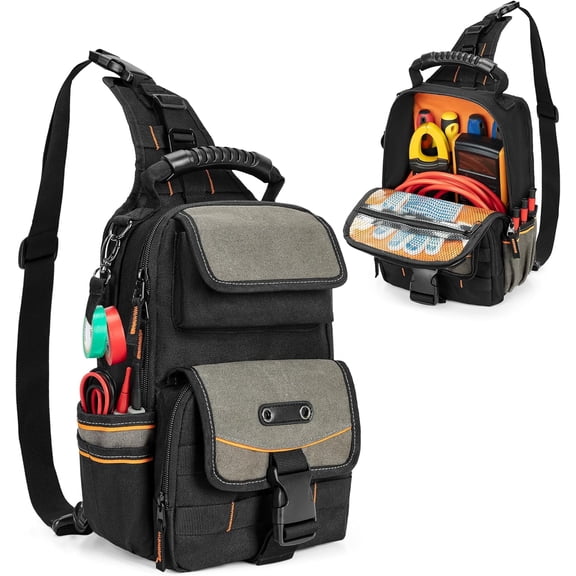 Electrician Tool Pouch Bag, Zippered HVAC Tool Organizer with Ergonomic Handle and Shoulder Strap for Maintenance Repair Technicians, Black