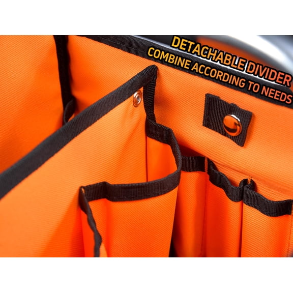 Electrician Tool Tote Bag, Ballistic Polyester Pockets Open Top Foldable Tool Bags with detachable divider, Tool Tote with Stainless Steel Handle & Padded Shoulder Strap