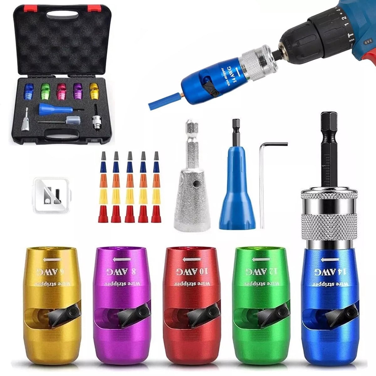 Electrician Wire Stripper & Twister Drill Tool Kit AWG 6-14 Gauge Stripping and Twisting Connector Set Professional Quick Wire Nut Twister for Drill Electric Wire Accessories