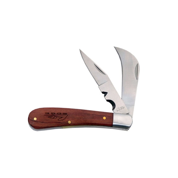 SZCO 4" Wood 2-Blade Pruning Knife, Dual Stainless Steel Blades with Etched Wood Handle, Classic Folding Utility Tool