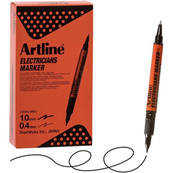 Electricians Markers | Twin-Nib | Professional Series | Non-Conductive Ink & Barrel | EKPR-ELFT | 0.4mm Fine/1.0 Bullet Tips | Pack of 12 | Black