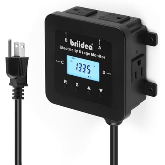 Electricity Usage Monitor, 4-Outlet Power Consumption Watt Voltage Amp Meter Tester, Real-Time Energy Analyzer with Backlit LCD, Overload Alerts, Memory Function for Home Appliances$$Electrical