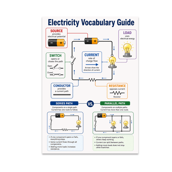 Electricity Vocabulary Guide - STEM Classroom Decor, 13 x 19 in Glossy Unframed Wall Poster, Vertical