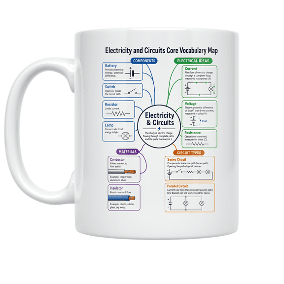 Electricity and Circuits Core Vocabulary Map Mug, STEM Classrooms, Trade Learning Spaces, and Science Enthusiasts, 11 oz White Ceramic