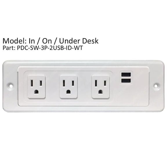 Electriduct PDC-SW-3P-2USB-ID-WT In, On & Under Desk Power Center - 3 Outlets & 2 USB Ports - White