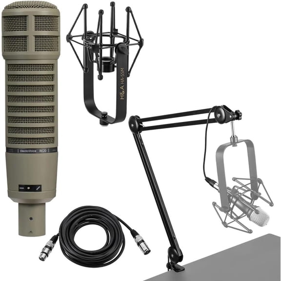 Electro-Voice RE20 Variable-D Dynamic Cardioid Microphone, 45-18000Hz Frequency Response, 150 Ohms - Bundle with 309A Shock Mount, Telex WSPL-2 Foam Windscreen, H&A Broadcast Arm, XLR Cable