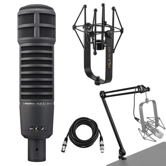 Electro-Voice RE20 Variable-D Dynamic Cardioid Microphone, BlackWith Shock Mount, Broadcast Arm & XLR Cable