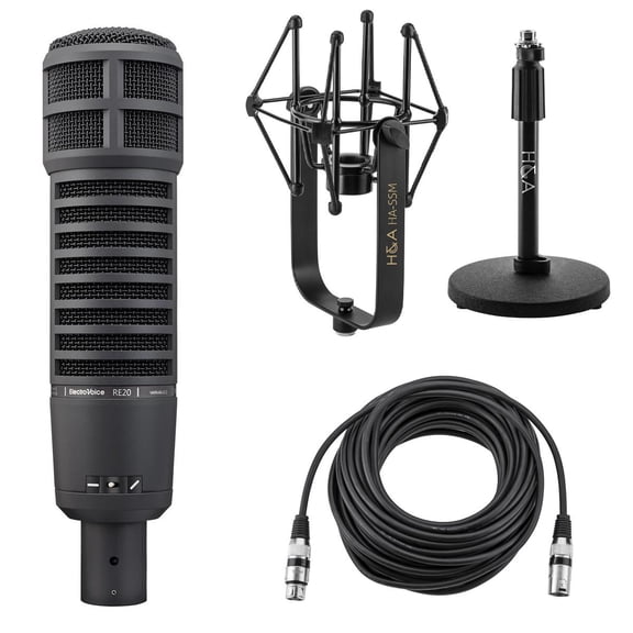 Electro-Voice RE20 Variable-D Dynamic Cardioid Microphone, BlackWith Shock Mount, Broadcast Arm & XLR Cable