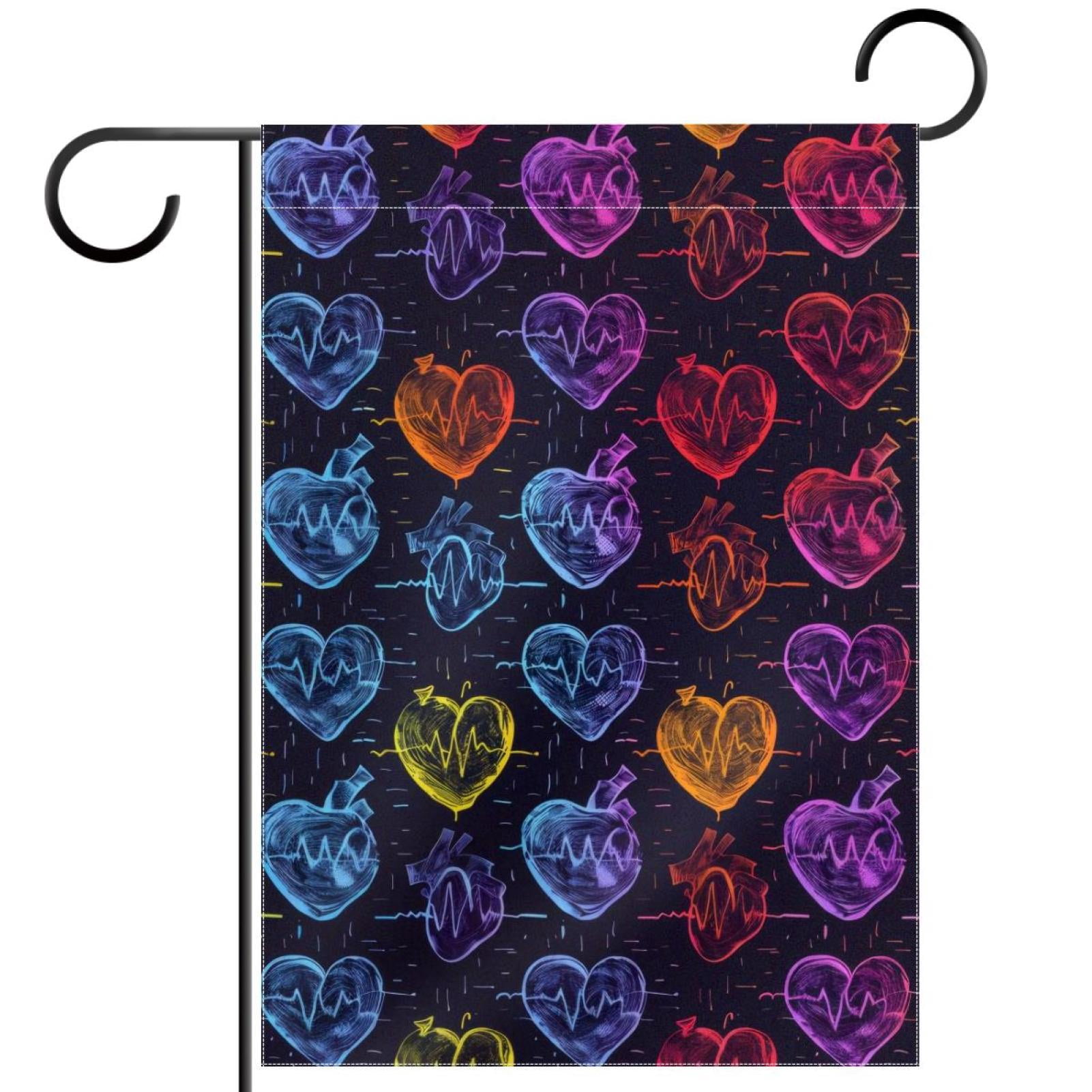 Electrocardiogram Heart Beat with Colorful Hearts Double Sided Garden Flag Decorative Weather Resistant Yard Flag, Large DIY Vertical Flag for Farmhouse Patio Lawn, 28x40 Inch
