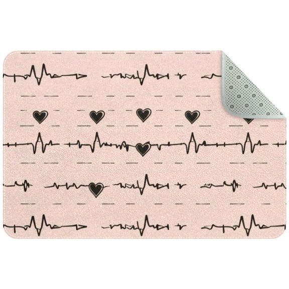 Electrocardiogram Heart Beat with Cute Hearts Pattern Small Area Rug, Non-Slip Door Mat Indoor Floor Mat, Washable Kitchen Rug Entrance Door Mat for Bedroom Living Room