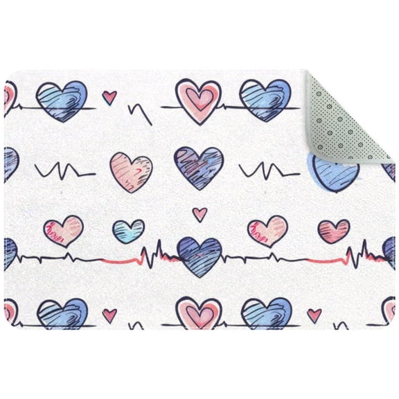Electrocardiogram Heart Beat with Little Hearts Small Area Rug, Non-Slip Door Mat Indoor Floor Mat, Washable Kitchen Rug Entrance Door Mat for Bedroom Living Room