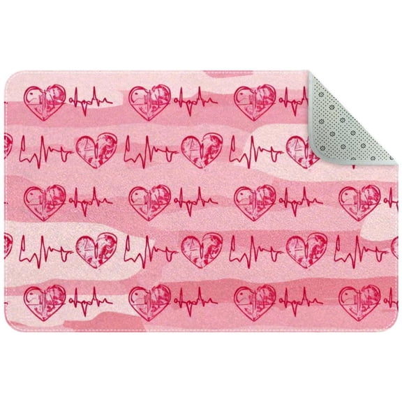 Electrocardiogram Heart Beat and Pink Hearts Small Area Rug, Non-Slip Door Mat Indoor Floor Mat, Washable Kitchen Rug Entrance Door Mat for Bedroom Living Room