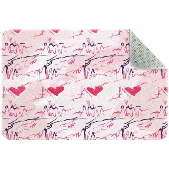 Electrocardiogram Heart Beat Pink Pattern Small Area Rug, Non-Slip Door Mat Indoor Floor Mat, Washable Kitchen Rug Entrance Door Mat for Bedroom Living Room
