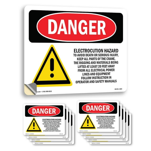 Electrocution Hazard Crane OSHA Danger Vinyl Decal Label 18 Inch x 12 Inch - 10 Pack