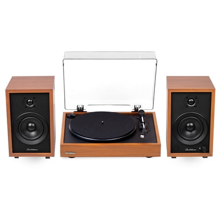 Electrohome Montrose Record Player Stereo System, 4" Bluetooth Powered Bookshelf Speakers, Belt-Drive Turntable with Audio-Technica Stylus, Speed Control Motor, Built-in Preamp, Wood Plinth