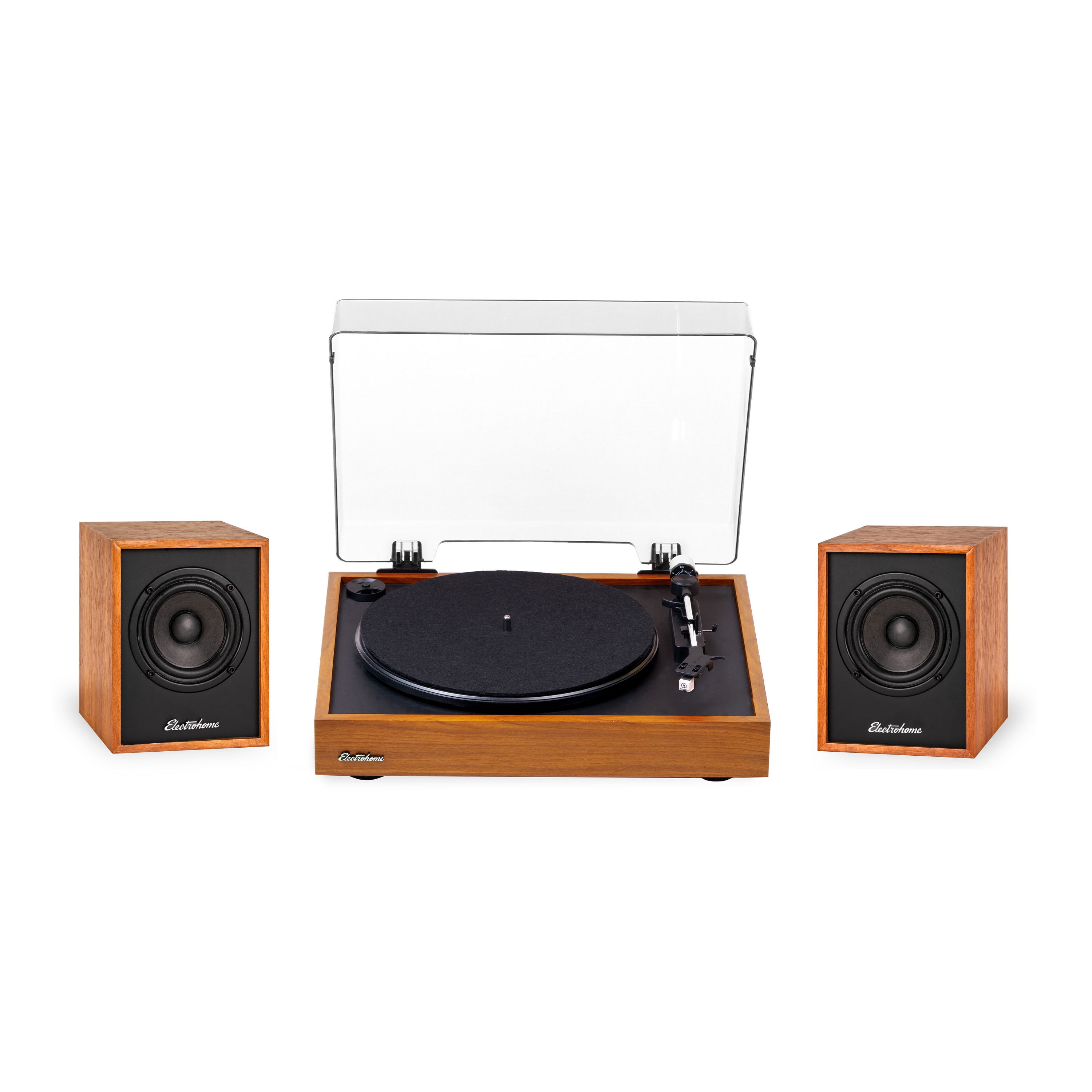 Teak and Black Belt Drive Vinyl Record Player with Bookshelf Speakers