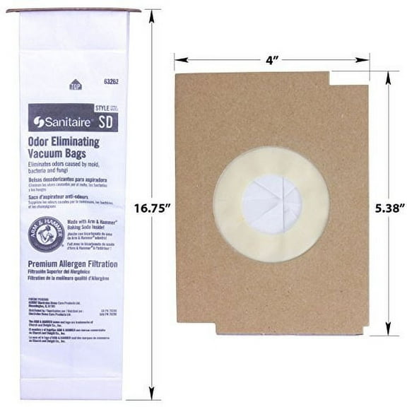 Electrolux Sanitaire SD Odor Eliminating Vacuum Bags 10 Pack. Genuine Professional Quality, Long-Life Allergen Filters with Arm & Hammer Baking Soda. Model 63262 Fits SC9100 S9120 SC9150 SC9180 C4900