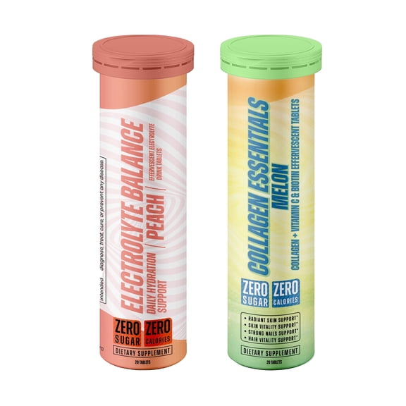 Electrolyte Balance Drink Tablets and Collagen | 2-Pack - Peach & Melon Flavors - Zero Sugar, Zero Calories | 20 Effervescent Tablets per Pack