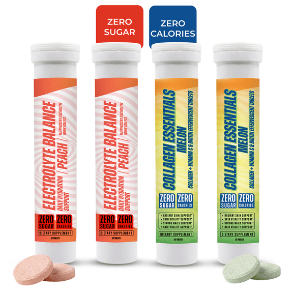Electrolyte Balance Drink Tablets and Collagen | 4-Pack -2  Peach & 2 Melon Flavors - Zero Sugar, Zero Calories | 20 Effervescent Tablets per Pack