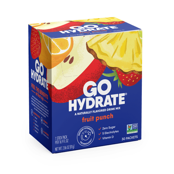 Electrolyte Hydration Drink Mix with Vitamin D, Non GMO Electrolyte Powder Hydration Pack, Fruit Punch, 30 Hydration Powder Packets - GoHydrate