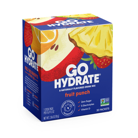 Electrolyte Hydration Drink Mix with Vitamin D, Non GMO Electrolyte Powder Hydration Pack, Fruit Punch, 30 Hydration Powder Packets - GoHydrate