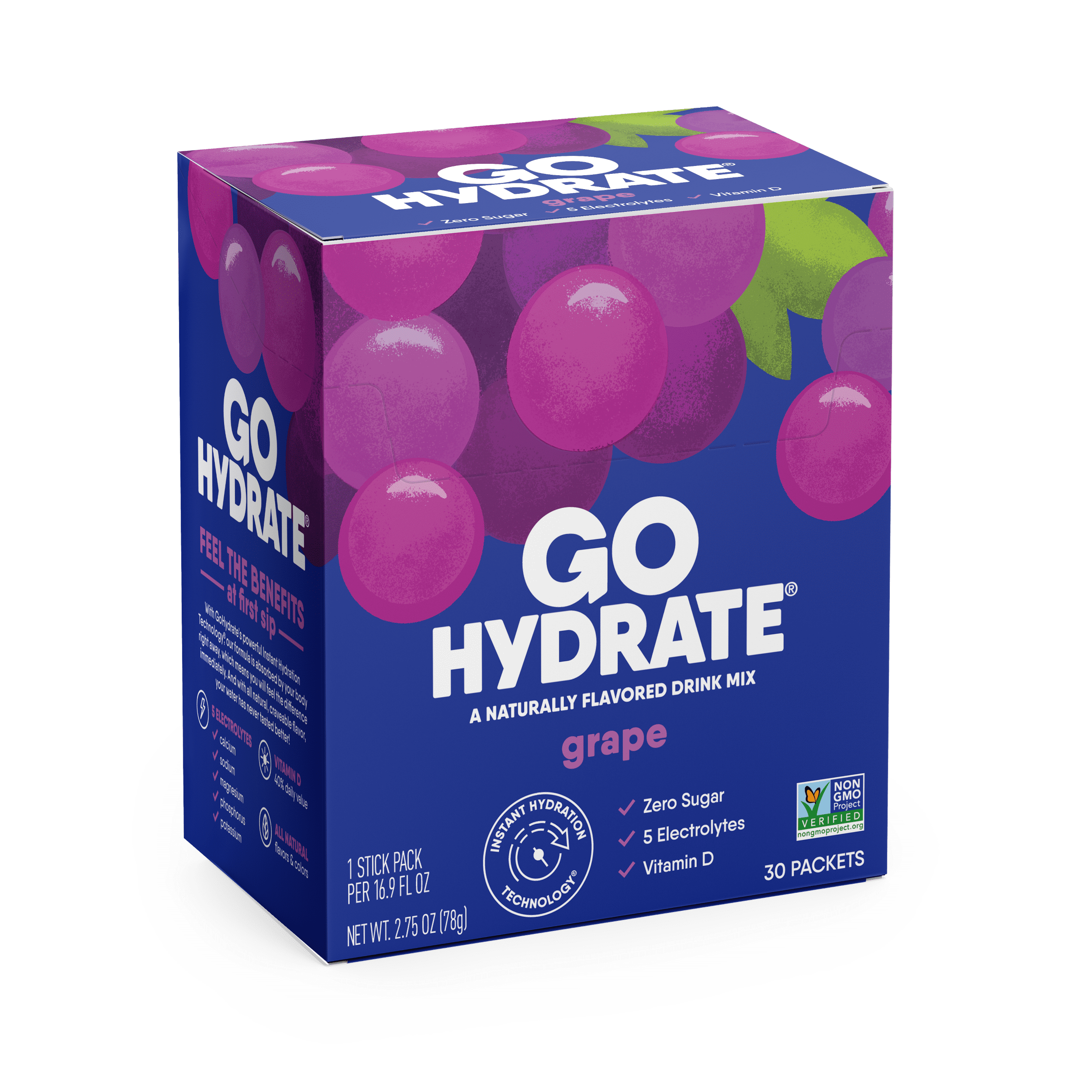 Electrolyte Hydration Drink Mix with Vitamin D, Non GMO Electrolyte Powder Hydration Pack, Grape, 30 Hydration Powder Packets - GoHydrate